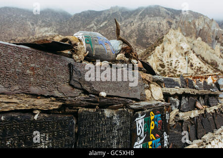 Tibetische Schrift auf den Steinen mit Schädel eines Toten Yaks im Himalaya, Nepal Stockfoto