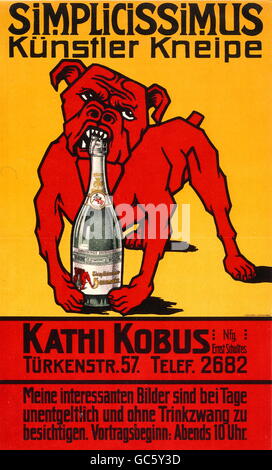 Werbung, Gastronomie, Simplicissimus, Künstlerpub von Kathi Kobus, Plakat, gedruckt im Kunstinstitut Oscar Consee, München, Deutschland, um 1900/1910, Zusatzrechte-Clearences-nicht vorhanden Stockfoto