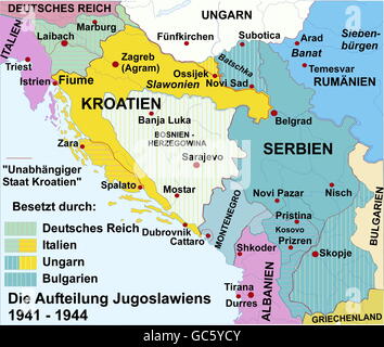 Kartographie, historische Karten, Neuzeit, Europa, Jugoslawien, Teilung, 1941 - 1944, Zusatzrechte-Clearences-not available Stockfoto