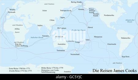 Kartographie,historische Karte,Moderne Zeiten,Reisen von James Cook 1768 - 1779,erste Reise 1768 - 1771,zweite Reise 1772 - 1775,dritte Reise 1776 - 1779,Kurs,Linie,Route,Kurse,Linien,Routen,Asien,Afrika,Australien,Südsee,Pazifik,Pazifischer Ozean,Indischer Ozean,Kap der Guten Hoffnung,Kap Hoorn,Plymouth,Whitby,Sumatra,Molukken Inseln,Cooktpown,Neuseeland,Seefahrt,Tonga,Südliche Inseln,Südliche Inseln,Südliche Inseln,Inselrevolutionäre,Inselnl Stockfoto