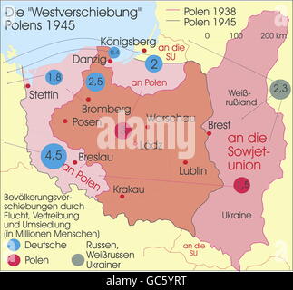 Kartographie, historische Karten, Neuzeit, Polen, Gebietsänderungen nach dem Zweiten Weltkrieg, Polens alte und neue Grenzen 1938 und 1945, zusätzliche Rechte-Clearences-nicht verfügbar Stockfoto