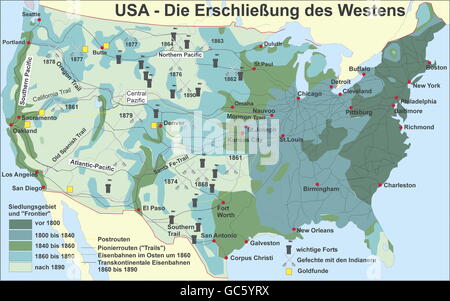 Kartographie, historische Karten, Neuzeit, Vereinigte Staaten von Amerika (USA), Entwicklung des Westens, 19. Jahrhundert, historisch, historisch, Wilder Westen, Red Indian Wars, Siedlungsgebiet, Grenze, Post und Postwege, Santa Fe Trail OLS Spanish Trail Mormon Trail Southern Trail California Trail Oregon Trail, Gold Orte, Transcontinental Railway, Pacifik Railway Central Pacific, Northern Pacific, Southern Pacific, Fort, Forts, US Army, North America, topografische Karte, zusätzliche-Rechte-Clearences-not available Stockfoto