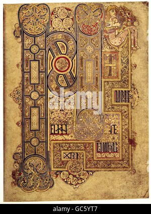 Literatur, Bücher, Buch von Kells, 7.-9. Jahrhundert, Miniatur, erste Seite, Evangelium von Matthew, "Initium Evangelii Jesu Christi", Kapitel 1, Vers 1, Trinity College, Dublin, Stockfoto