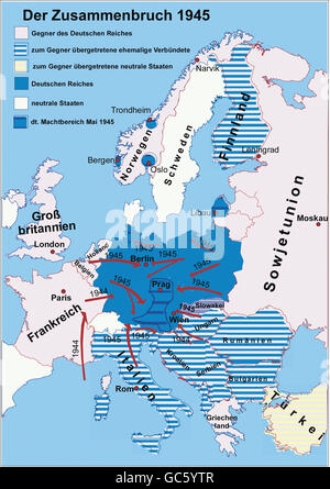 Kartographie, historische Karten, Neuzeit, zweiter Weltkrieg/2. Weltkrieg, Niederlage Deutschlands 1945, zusätzliche-Rights-Clearences-nicht vorhanden Stockfoto
