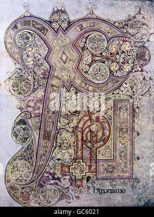 Literatur, Bücher, Book of Kells, Seite, Beleuchtung, Irland, ca. 800, Saint Trinity College, Dublin, Stockfoto