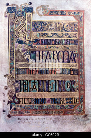 Literatur, Bücher, Book of Kells, Geburt Christi, Beleuchtung, Irland, ca. 800, Saint Trinity College, Dublin, Stockfoto