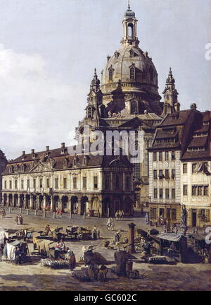 Bildende Kunst, Bellotto, Bernardo, (genannt: Canaletto), (20.5.1722 - 17.11.1780), Malerei, "Der Neumarkt in Dresden von der Moritzstraße aus" (The Neumarkt in Dresden vom Moritzstraße gesehen), Detail, Öl auf Leinwand, 1749-1751, Dresden-Bilder-Galerie, Stockfoto
