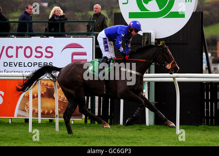 Rennen - Weihnachtsmarkttag - Uttoxeter Racecourse. American Cricket wird von Denis O'Regan während der Hürde der Novizen im Kase Hotel während des Weihnachtsmarkttages auf der Rennbahn Uttoxeter geritten. Stockfoto