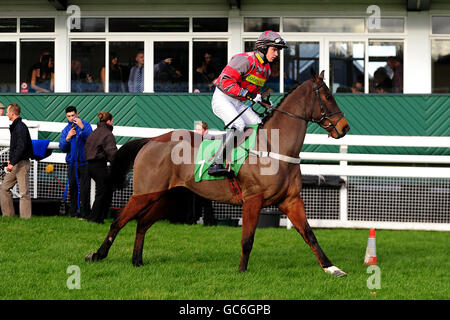 Rennen - Weihnachtsmarkttag - Uttoxeter Racecourse. Mezuzah mit Tjade Collier geht während des Weihnachtsmarkttages auf der Rennbahn Uttoxeter zum Posten. Stockfoto