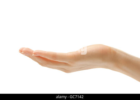 Weibliche Hand auf weißem Hintergrund in Nahaufnahme Stockfoto