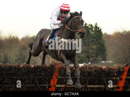 Der von Wayne Hutchinson gerittene Manyriverstocross gewinnt am Freitag in Tingle Creek auf der Sandown Racecourse das Winter Novices' Hurdle Race betinternet.com. Stockfoto