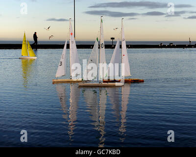 Mitglieder des Tynemouth Yacht Clubs treffen sich, um riesige Modellyachten im Tynemouth Park, Newcastle upon Tyne, zu fahren. Stockfoto