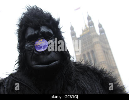 Ein Mann, der als Gorilla gekleidet ist, demonstriert heute vor dem Londoner Unterhaus, um Abgeordnete dazu zu drängen, Cadburys, den Konditor, unabhängig zu halten. Stockfoto