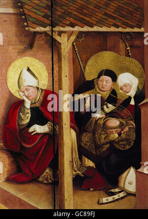 Bildende Kunst, Moser, Lucas, (ca. 1390 - nach 1434), Malerei "der Heiligen Sidonius, Maximus, Lazarus und Martha schlafen nach ihrer Ankunft in Marseille", Öl auf Holz, "Magdalenenalter" (Magdalene Altar), Tiefenbronn Pfarrkirche, 1431, Deutschland Stockfoto