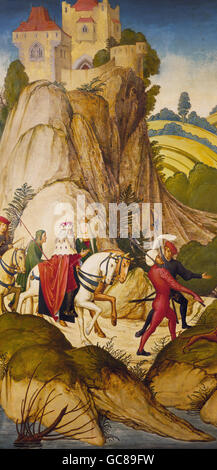 Bildende Kunst, Frueauf, Rueland der ältere (ca. 1445-1507), Malerei, "Der Ausritt des Heiligen Leopold" (Saint Leopold Ausritte), um 1500, 76 x 39 cm, Klosterneuburg Klostermuseum Stockfoto
