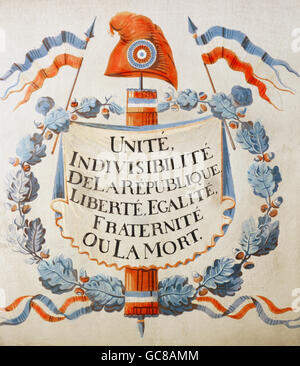 Geographie / Reisen, Frankreich, Revolution 1789 - 1799, Symbole, Motto: 'Einheit, Unteilbarkeit der Republik, Freiheit, Gleichheit, Verbrüderung oder Tod', Tapete, handgedruckt von Jacquemart et Benard, Paris, um 1790, Nachdruck von Galli Thierry and Co., Paris, 1974, Deutsches Tapetenmuseum Kassel, , Additional-Rights-Clearences-not available Stockfoto