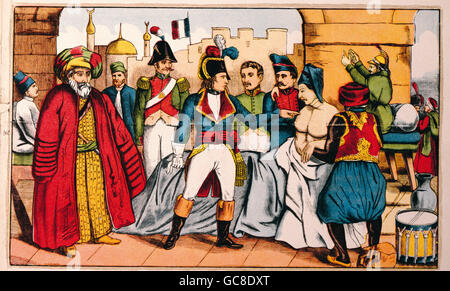 Ereignisse, Krieg der Zweiten Koalition 1798 - 1802, Orientalische Kampagne, General Napoleon Bonaparte besucht das Pestkrankenhaus in Jaffa, 11.3.1799, Lithographie, 19. Jahrhundert, Französische Revolutionskriege, Palästina, krank, Osmanisches Reich, Asien, 18. Jahrhundert, historisch, historisch, Menschen, Zusatzrechte-Clearences-nicht vorhanden Stockfoto