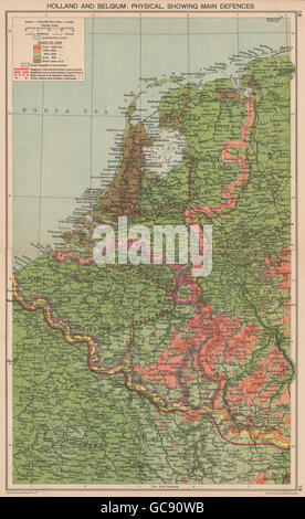 WELTKRIEG 2. & Belgien Niederlande Abwehrkräfte. Maginot & Siegfried Linien, 1940 Karte Stockfoto