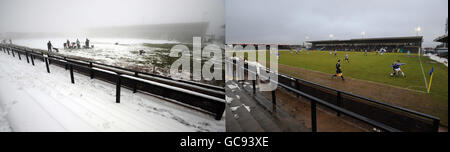 Zusammengesetztes Foto mit dem New Lawn Stadium, dem Heimstadion der Forest Green Rovers, in der Nähe von Nailsworth in Gloucestershire. Stockfoto