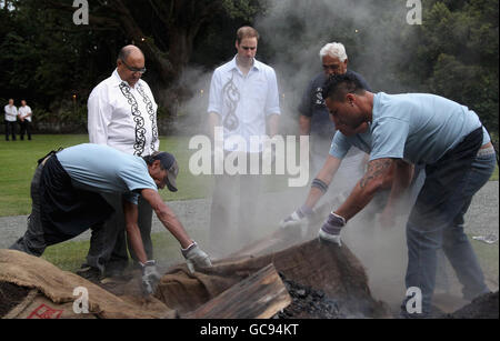 Prinz William beobachtet, wie Arbeiter einen traditionellen maori-Erdofen namens Hangi in der Residenz des Generalgouverneurs in Auckland, Neuseeland, vorbereiten Stockfoto