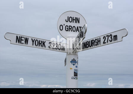 John O' Groats Wegweiser in der Welt, Caithness Schottland.  SCO 10.559 Stockfoto