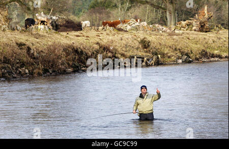 Sir Ian Botham fischt am Fluss Teith in Schottland, am ersten Tag der Lachsfischsaison 2010 des Stirling Council. Stockfoto