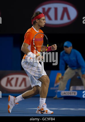 Rafael Nadal feiert einen Punkt während seines Spiels gegen Andy Murray, in dem er im Ruhestand verletzt Stockfoto