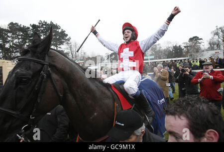 Pferderennen - Hennessy Gold Cup - Leopardstown Racecourse. Alain Cawley feiert auf Joncol nach dem Gewinn des Hennessy Gold Cup während des Hennessy Gold Cup auf der Leopardstown Racecourse, Dublin. Stockfoto