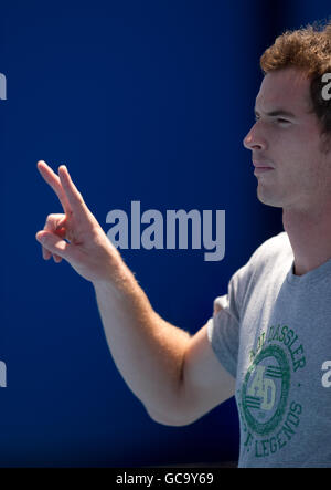 Tennis - Australian Open 2010 - Tag Ten - Melbourne Park. Andy Murray während seiner Trainingseinheit nach seinem Sieg gegen Rafael Nadal bei den Australian Open im Melbourne Park Stockfoto