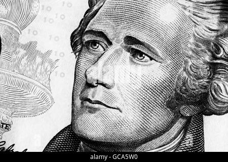 Porträt von Alexander Hamilton auf der zehn-Dollar-Rechnung. Schwarz und weiß. Hautnah. Stockfoto