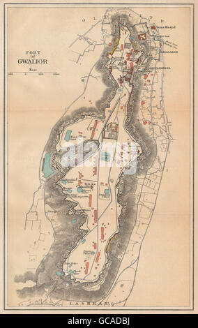 Indien. Gwalior Fort. Plan. Madhya Pradesh., 1929 Vintage Karte Stockfoto