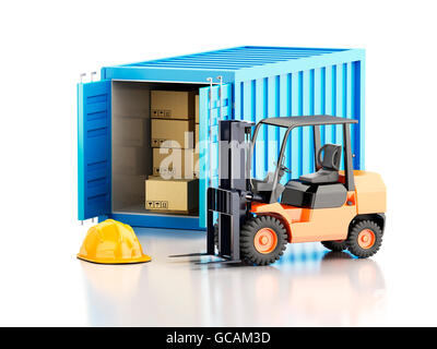 3D Renderer Bild. Cargo-Container mit Gabelstapler und Karton-Boxen. Industrie-Konzept. Isolierten weißen Hintergrund. Stockfoto