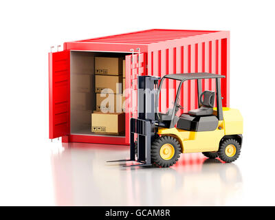3D Renderer Bild. Cargo-Container mit Gabelstapler und Karton-Boxen. Industrie-Konzept. Isolierten weißen Hintergrund. Stockfoto