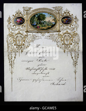 Bildende Kunst, Papier, Grußkarten, Goldfarbe geprägte Lithographie, 1869 Stockfoto