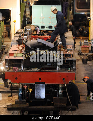 In den Werkstätten des National Railway Museum in York wird die Dampflokomotive Flying Scotsman bis heute restauriert. Stockfoto