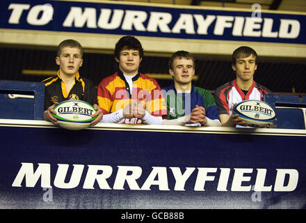 (Links-rechts) Currie's Robbie Wilson, westlich von Stuart holt, Roy Stewart von Boroughmuir und Stephen Gillies von Stirling County während des Scotland Youth Cup Final Photocall im Murrayfield Stadium, Edinburgh. Stockfoto