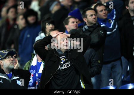 Fußball - Coca-Cola Football League Championship - Cardiff City gegen West Bromwich Albion - Cardiff City Stadium. Die Fans von Cardiff City reagieren, wenn sie eine Chance vor dem Tor verpassen Stockfoto