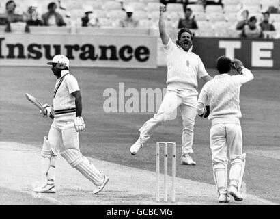 Cricket - England - Pakistan - bPakistan in British Isles 1987 - (1. Test) - Old Trafford, Manchester. Englands Bowler Ian Botham feiert das Wicket des pakistanischen Fledermauses Javed Miandad, den er in Richtung Pavillon zurücklaufen sah Stockfoto