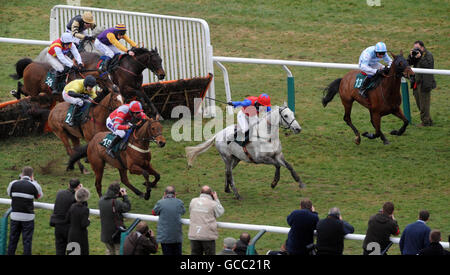 Thousand Stars (Mitte) und Jockey Katie Walsh springen den letzten Flug vor und gewinnen am vierten Tag des Cheltenham Festivals 2010 auf der Pferderennbahn in Cheltenham in der Handicap-Hürde des Vincent O'Brien County. Stockfoto