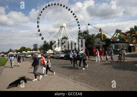 Gdynia, Polen 9. Juli 2016 nach regnerischen und kalten Tagen Menschen genießen sonnigen und sehr warmen Wetter in Gdynia, am Samstag, den 9. Juli. Menschen wandern mit Hund in der Kosciuszko Squareare vor große Riesenrad gesehen Credit: Michal Fludra/Alamy Live News Stockfoto