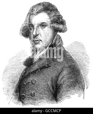 Richard Brinsley Butler Sheridan (1751 – 1816) war eine irische Satiriker; ein Dramatiker und Dichter und langfristige Besitzer des London Theatre Royal, Drury Lane. Er bekannt für seine Stücke wie The Rivals, die Schule für Skandal, die Duenna und eine Reise nach Scarborough. 32 Jahre lang war er auch ein Whig-Abgeordneter im britischen House Of Commons. Stockfoto