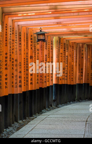 Laterne auf dem Pfad, gesäumt von Torii-Tore am Fushimi Inari-Taisha Schrein, Kyoto, Japan Stockfoto