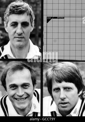 Mitglieder der Middlesex County Cricket-Mannschaft (oben links) Mike Brearley (von links unten nach rechts) Phil Edmonds und Jeff Thomson Stockfoto