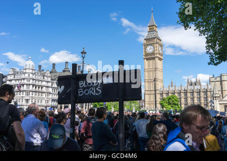 Anti - Brexit Demonstranten Welle Banner gegen die Regierungen des Vereinigten Königreichs Entscheidung, Europäische Union, Massen auf die Straße in der Nähe von Westminster Parlament verlassen. Stockfoto