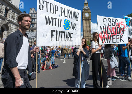 Anti-Austritt Demonstranten Welle Banner gegen die Regierungen des Vereinigten Königreichs Entscheidung, Europäische Union, Massen auf die Straße in der Nähe von Westminster Parlament verlassen. Stockfoto