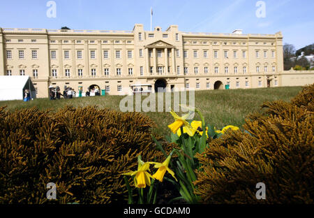 Narzissen blühen neben dem Buckingham Palace in Miniland im Legoland Windsor. Stockfoto