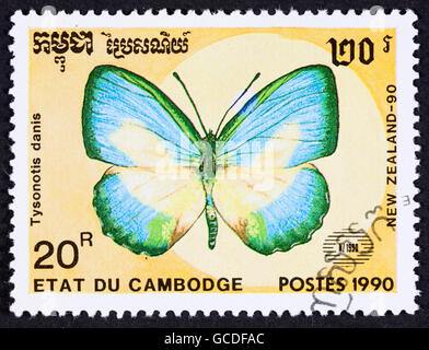 GROOTEBROEK, Niederlande - März 20,2016: Eine Briefmarke gedruckt von Kambodscha, Schmetterling, circa 1990 zeigt. Stockfoto