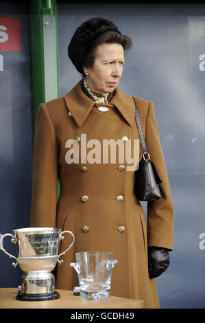 Pferderennen - Grand Military Gold Cup Day - Sandown Park. Die Prinzessin Royal wartet darauf, den Grand Military Gold Cup auf der Sandown Park Racecourse in Sandown zu präsentieren. Stockfoto