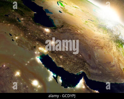 Iran-Region von der Umlaufbahn der Erde im Weltraum bei Sonnenaufgang. 3D Illustration mit detailreichen, realistischen Planetenoberfläche. Elemente Stockfoto