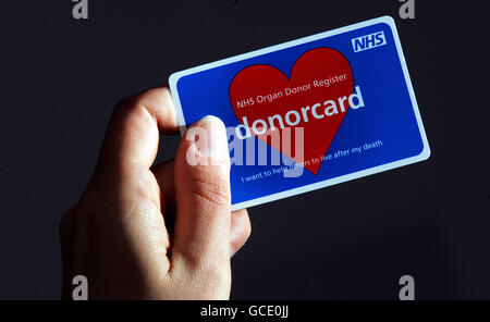 Eine allgemeine Ansicht einer NHS-Donorcard. Rund 800,000 Menschen haben ihre Wünsche über den Gebrauch ihrer Organe fälschlicherweise aufgezeichnet. Stockfoto